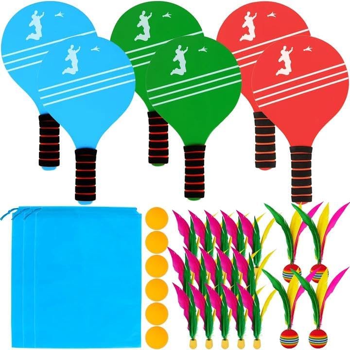 Spaluck 3 Set Beach Paddle Ball Sets Including 6 Paddles 15 Fast Birdies 4 Slow Birdies 6 Ping Pong Balls 3 Drawstring Bags Outdoor Sports Game for Kids Teens Adults Beach Backyard Park Lawn Party Supplies - Image 1